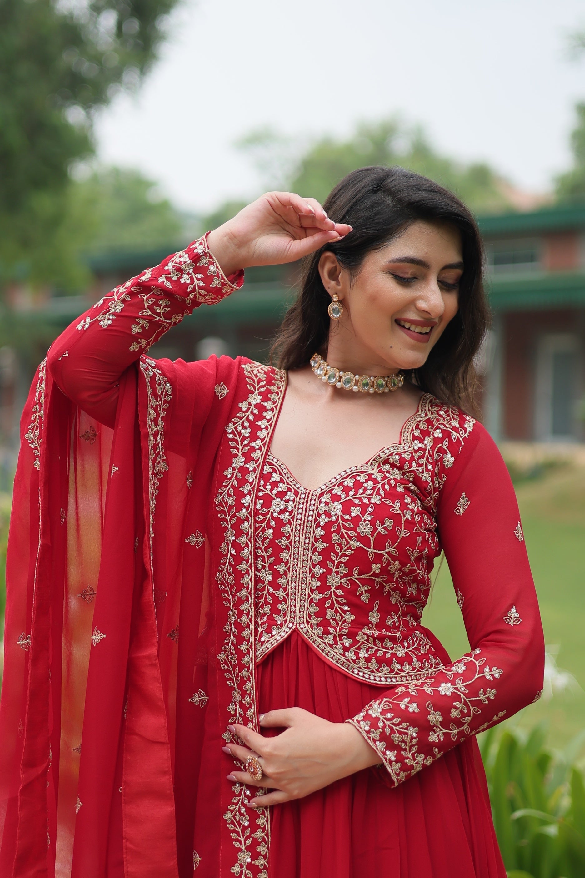 Jyoti Fashion Women's Red Faux Blooming Sequins Zari Embroidered Long Anarkali Sets | Grocsy