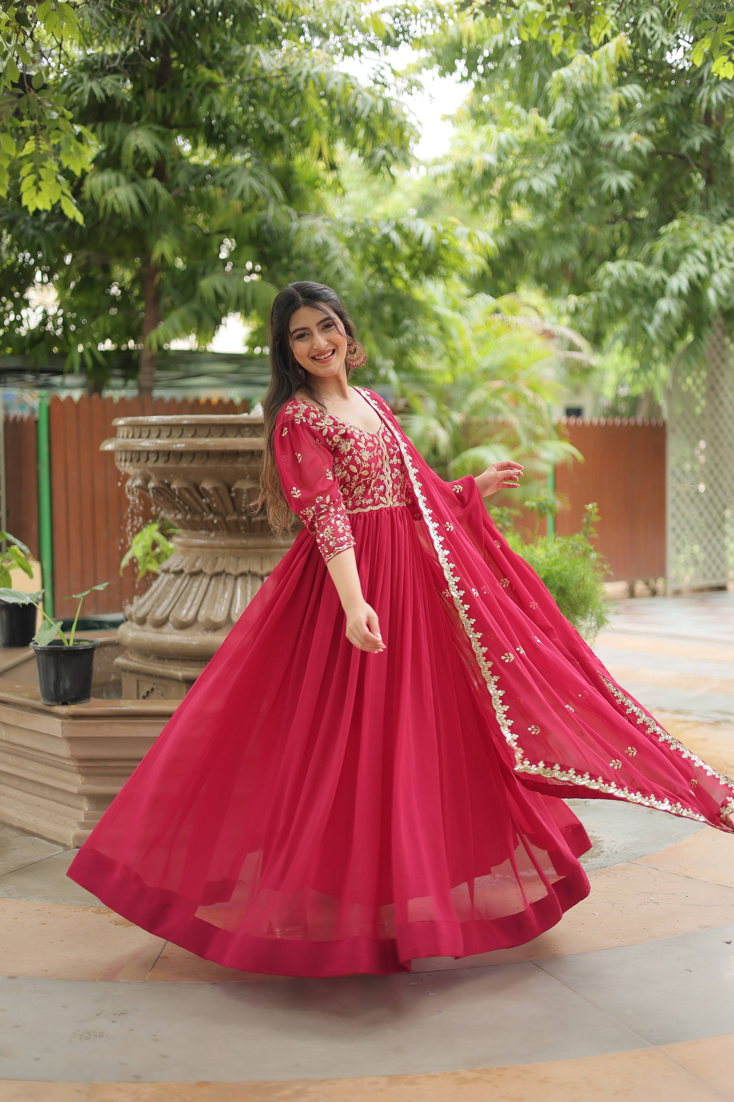 Jyoti Fashion Women's Rani Pink Faux Blooming Sequins Zari Embroidered Long Anarkali Sets | Grocsy