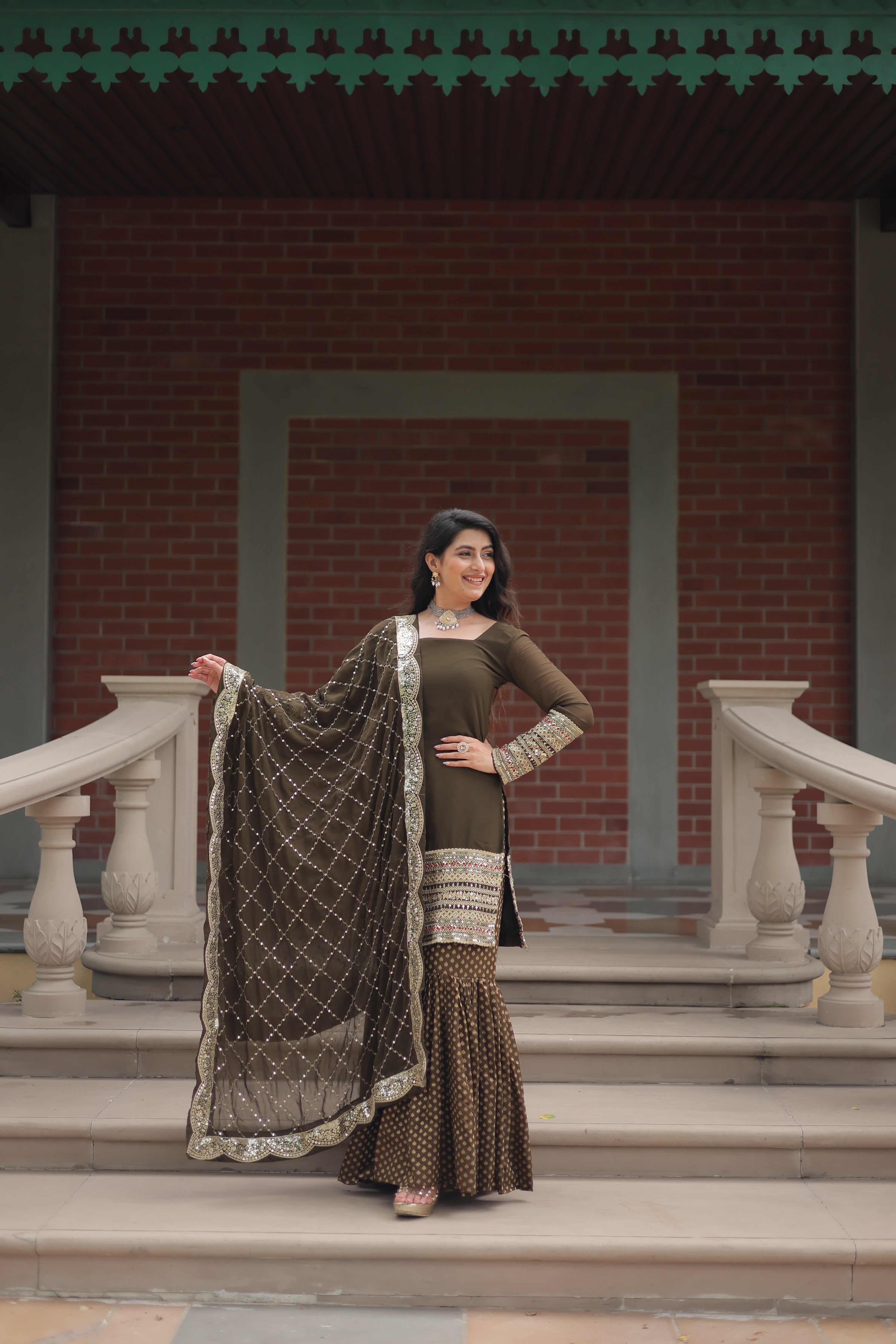 Jyoti Fashion Women's Olive Green Faux Georgette Sequins Thread Embroidered Kurta Set with Dupatta | Grocsy