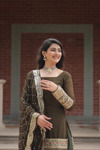 Jyoti Fashion Women's Olive Green Faux Georgette Sequins Thread Embroidered Kurta Set with Dupatta | Grocsy
