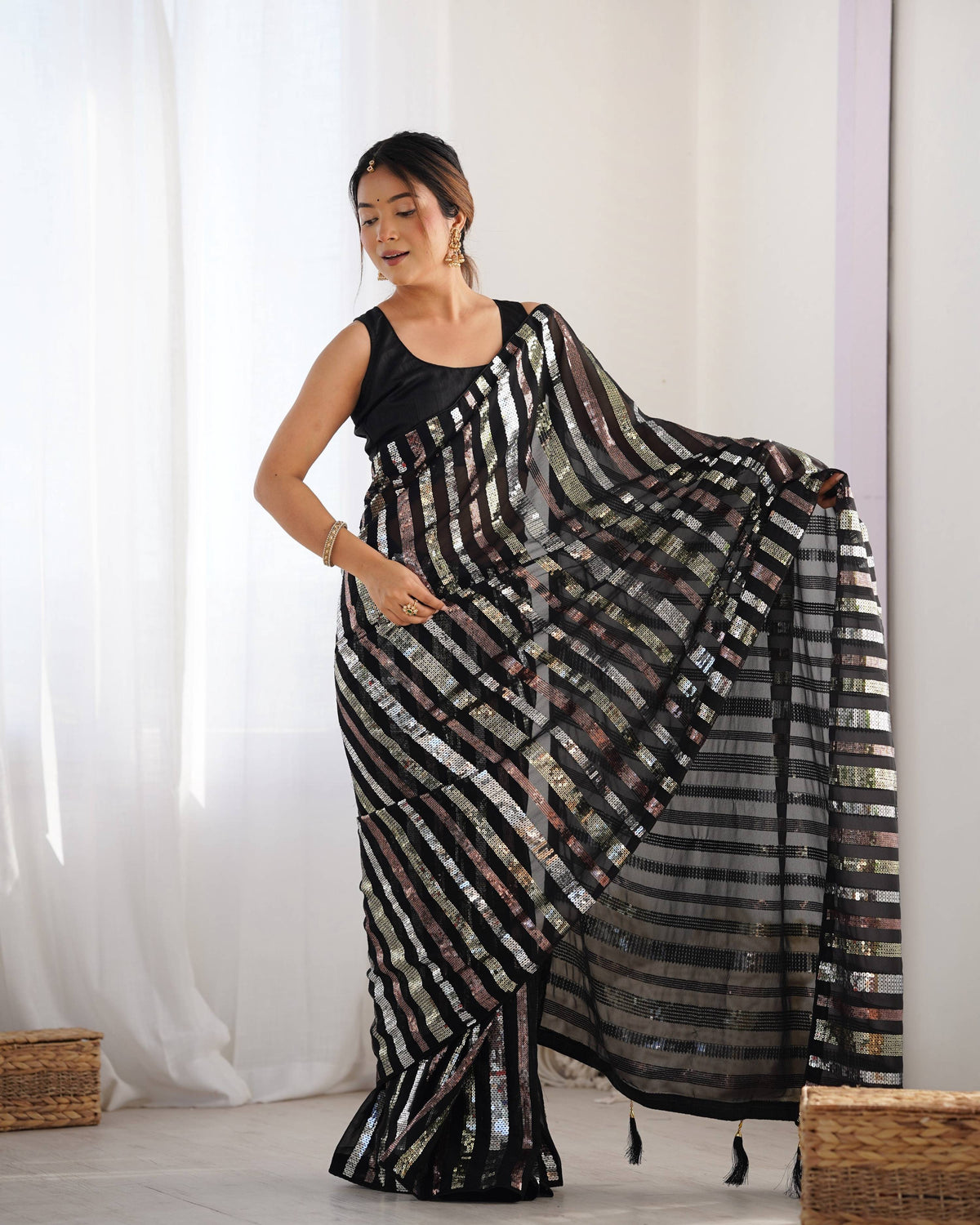Jyoti Fashion Women's Black Georgette Multi Sequins Designer Saree with Blouse | Grocsy