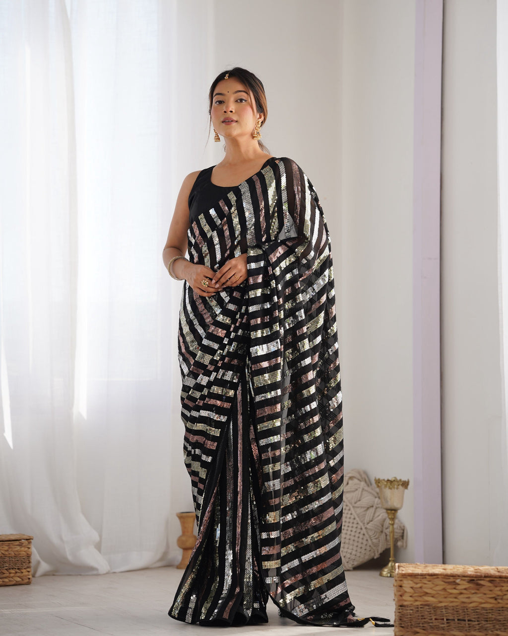 Jyoti Fashion Women's Black Georgette Multi Sequins Designer Saree with Blouse | Grocsy