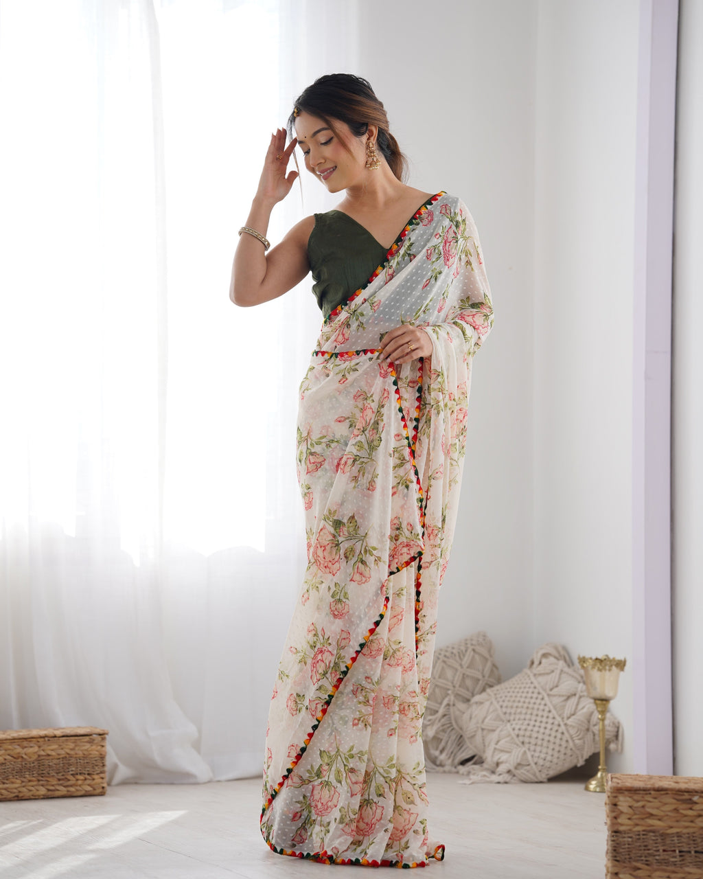 Jyoti Fashion Women's Off-White Georgette Printed Designer Saree with Blouse | Grocsy