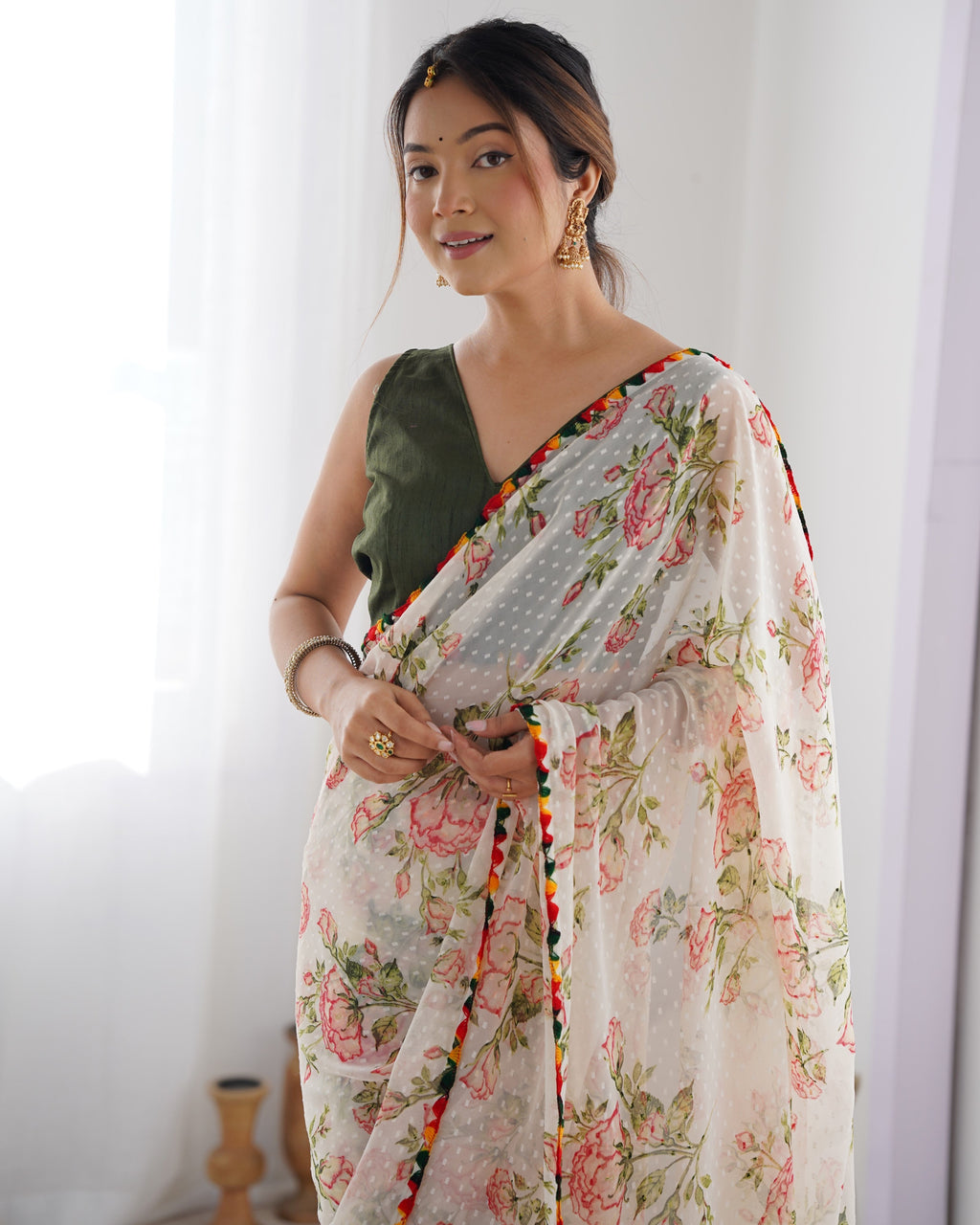 Jyoti Fashion Women's Off-White Georgette Printed Designer Saree with Blouse | Grocsy