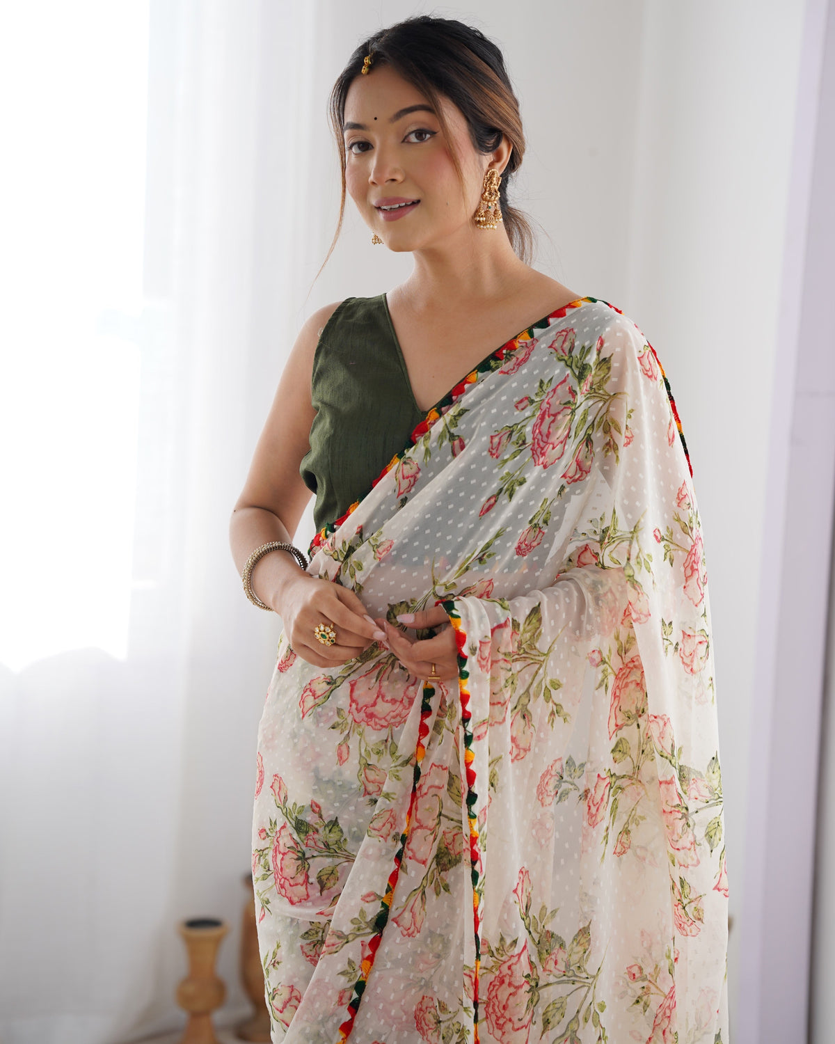 Jyoti Fashion Women's Off-White Georgette Printed Designer Saree with Blouse | Grocsy