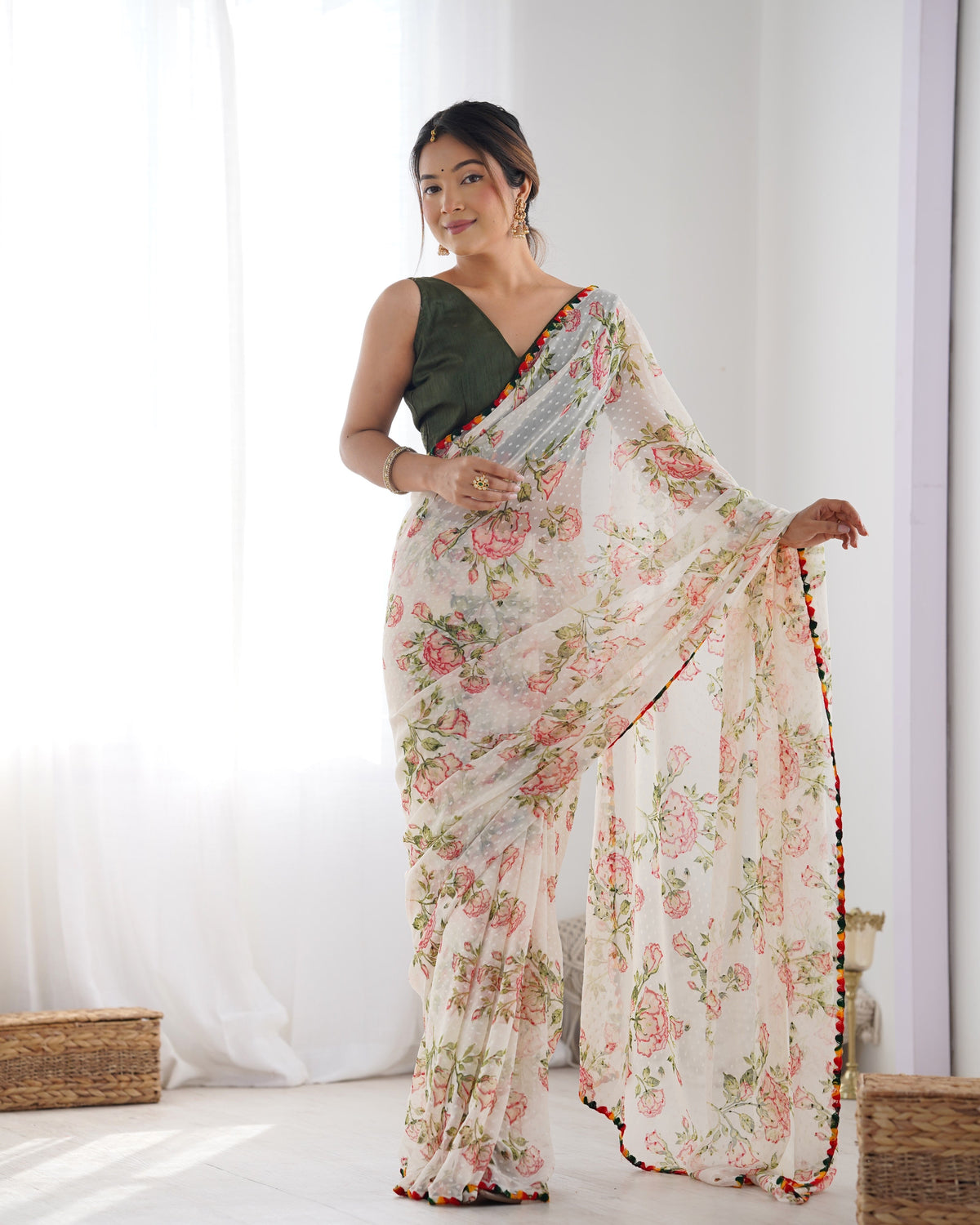 Jyoti Fashion Women's Off-White Georgette Printed Designer Saree with Blouse | Grocsy