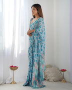 Jyoti Fashion Women's Sky Blue Chinon Print with Mirror Work Designer Saree with Blouse | Grocsy