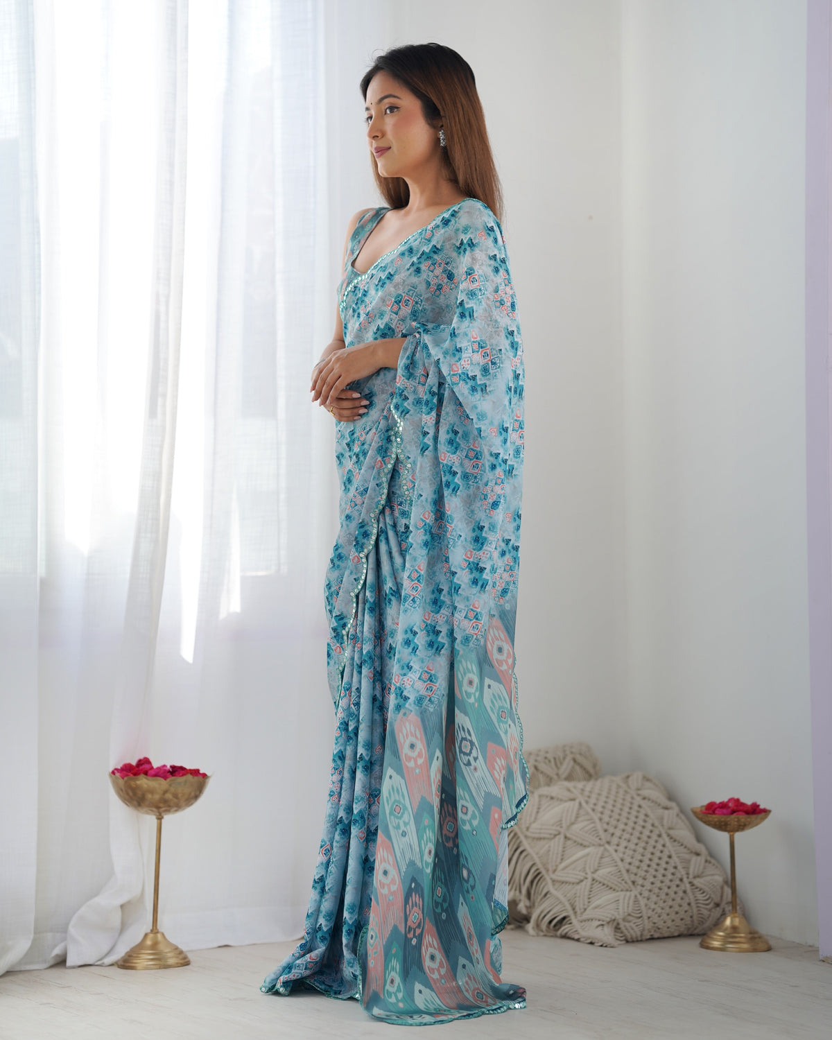 Jyoti Fashion Women's Sky Blue Chinon Print with Mirror Work Designer Saree with Blouse | Grocsy