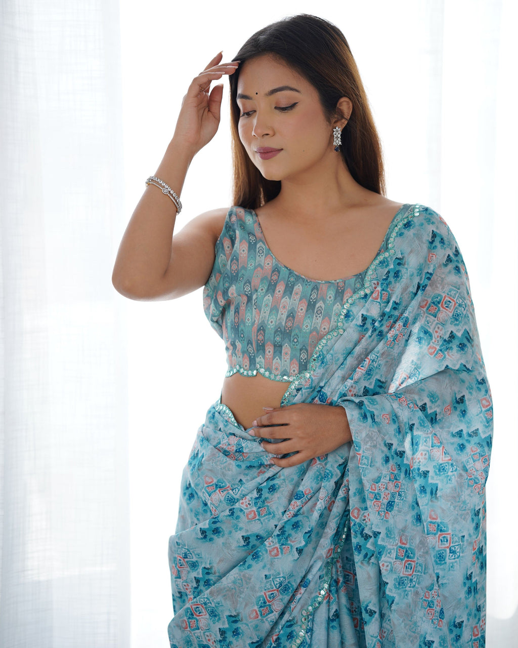 Jyoti Fashion Women's Sky Blue Chinon Print with Mirror Work Designer Saree with Blouse | Grocsy