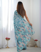 Jyoti Fashion Women's Sky Blue Chinon Print with Mirror Work Designer Saree with Blouse | Grocsy