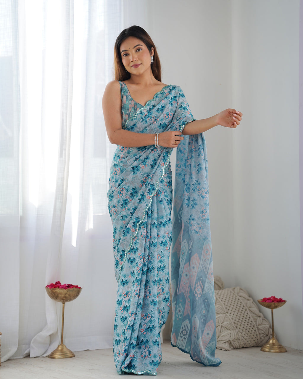 Jyoti Fashion Women's Sky Blue Chinon Print with Mirror Work Designer Saree with Blouse | Grocsy