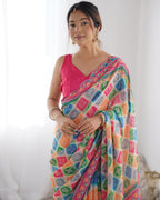 Jyoti Fashion Women's Multicolor Chinon Print with Mirror Work Designer Saree with Blouse | Grocsy