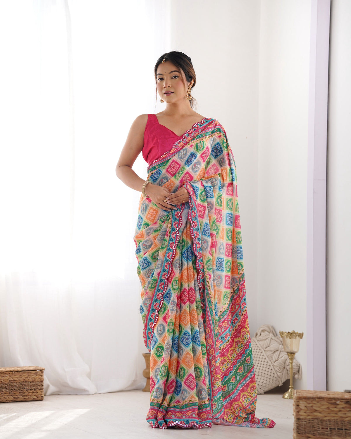 Jyoti Fashion Women's Multicolor Chinon Print with Mirror Work Designer Saree with Blouse | Grocsy