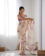 Jyoti Fashion Women's Off White Chinon Print with Mirror Work Designer Saree with Blouse | Grocsy