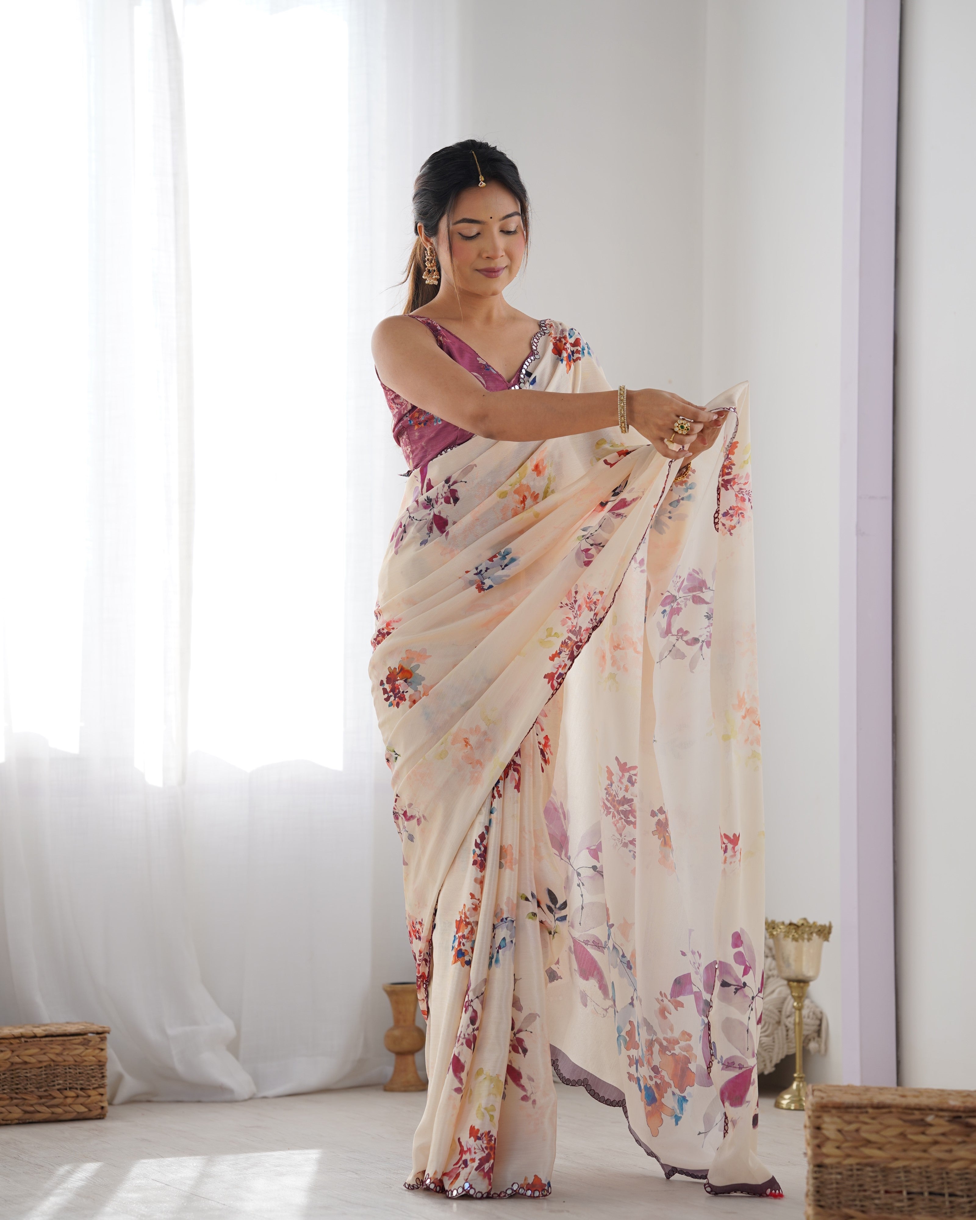 Jyoti Fashion Women's Off White Chinon Print with Mirror Work Designer Saree with Blouse | Grocsy