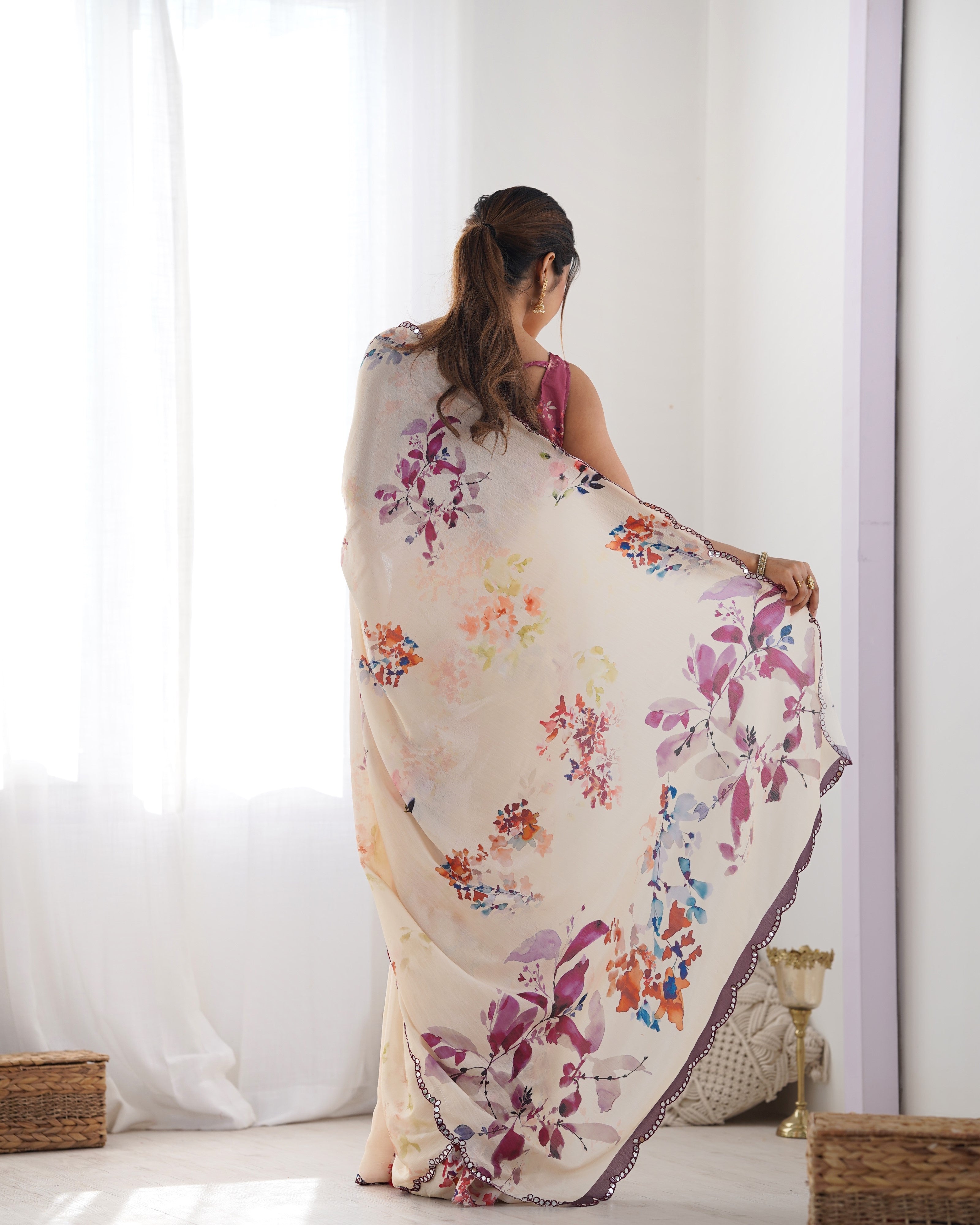 Jyoti Fashion Women's Off White Chinon Print with Mirror Work Designer Saree with Blouse | Grocsy