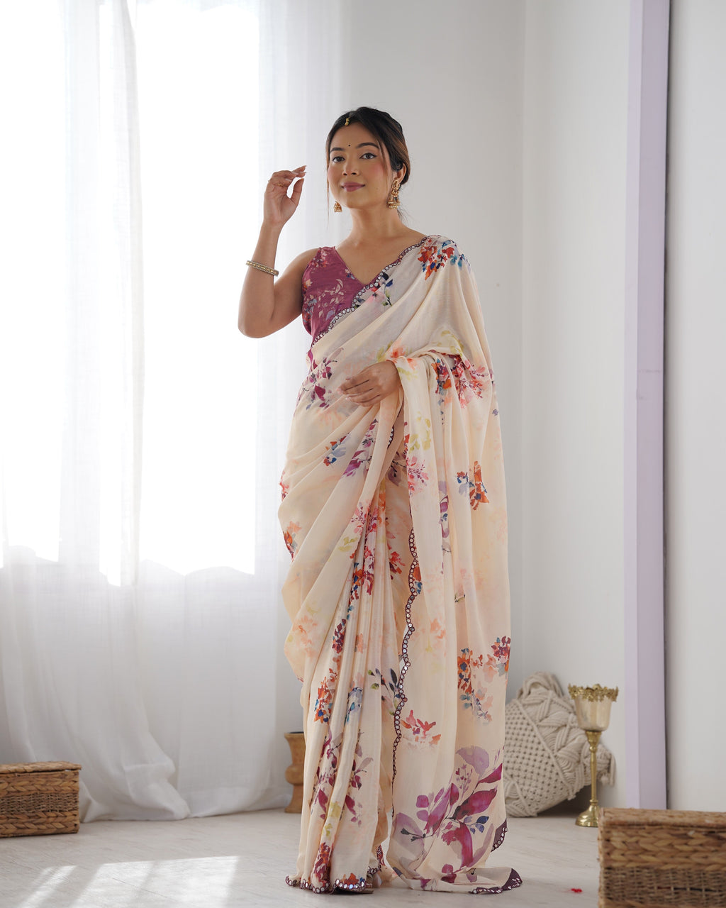 Jyoti Fashion Women's Off White Chinon Print with Mirror Work Designer Saree with Blouse | Grocsy