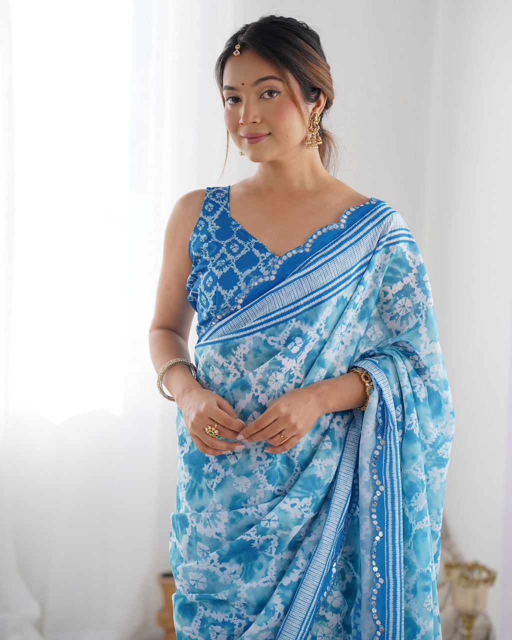 Jyoti Fashion Women's Sky Blue Chinon Print with Mirror Work Designer Saree with Blouse | Grocsy