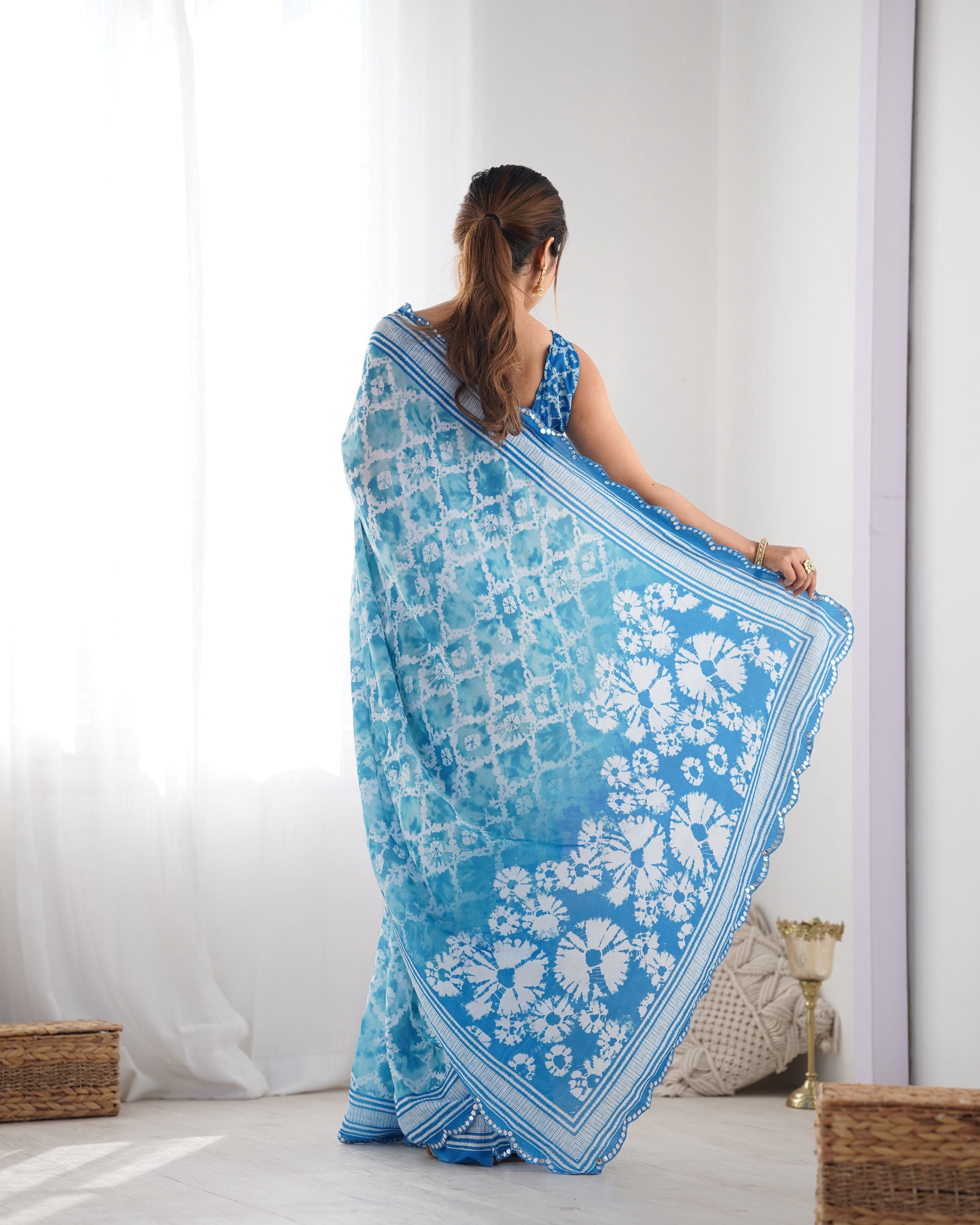 Jyoti Fashion Women's Sky Blue Chinon Print with Mirror Work Designer Saree with Blouse | Grocsy