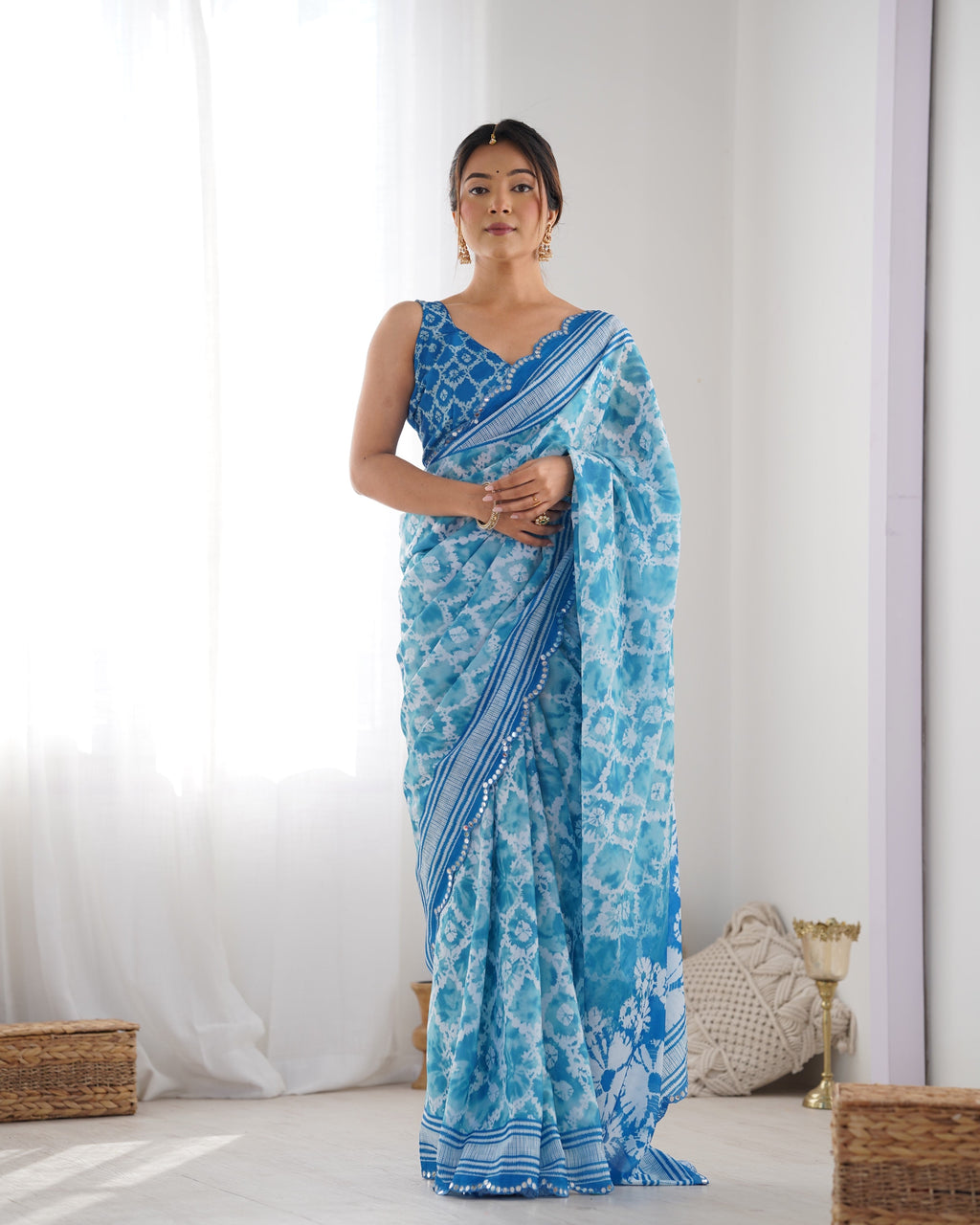 Jyoti Fashion Women's Sky Blue Chinon Print with Mirror Work Designer Saree with Blouse | Grocsy