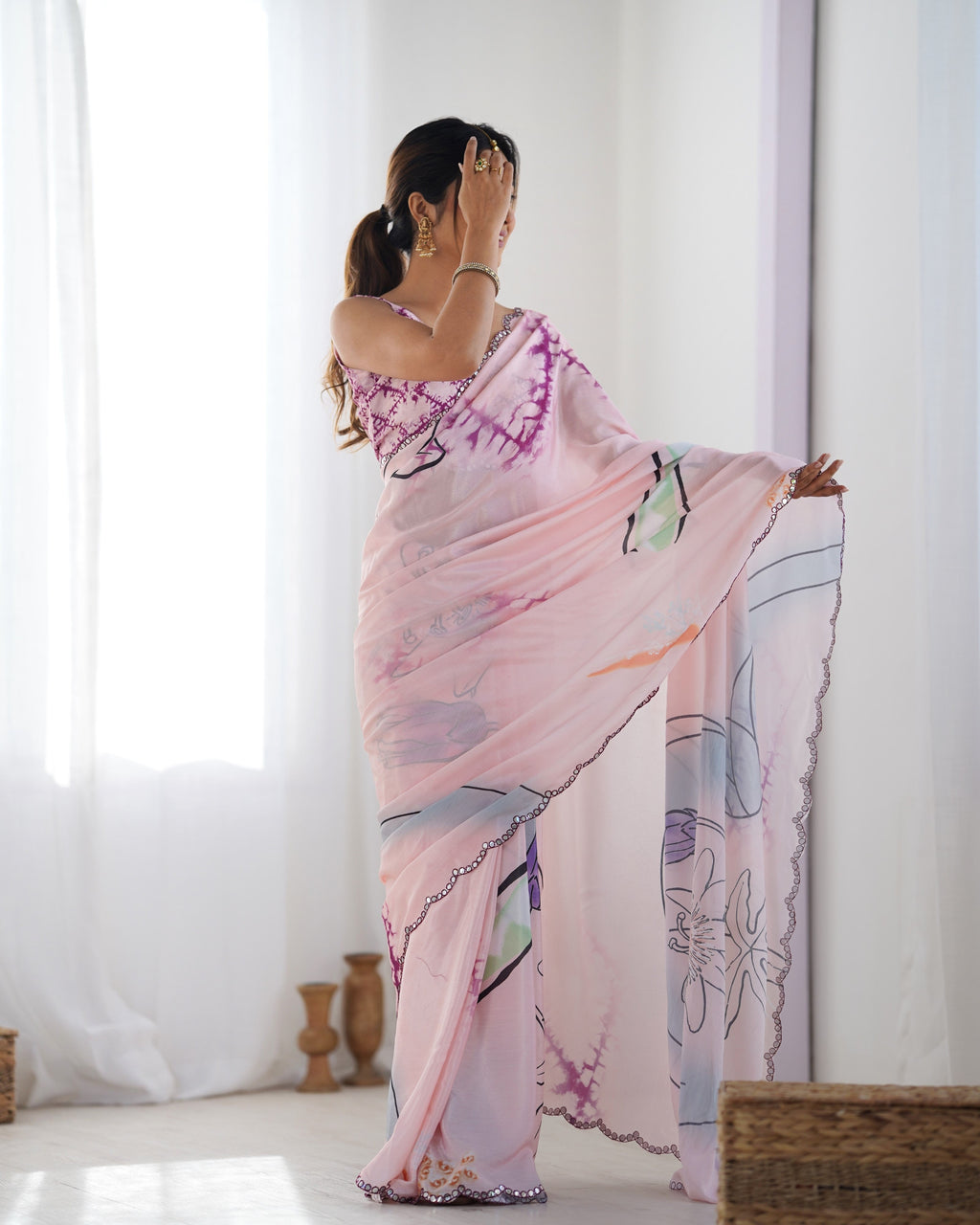 Jyoti Fashion Women's Peach Chinon Print with Mirror Work Designer Saree with Blouse | Grocsy
