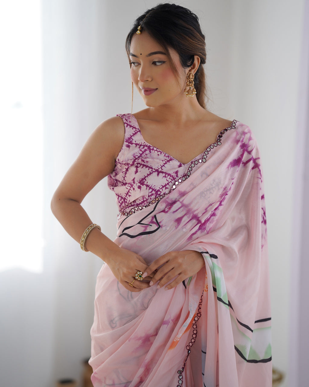 Jyoti Fashion Women's Peach Chinon Print with Mirror Work Designer Saree with Blouse | Grocsy