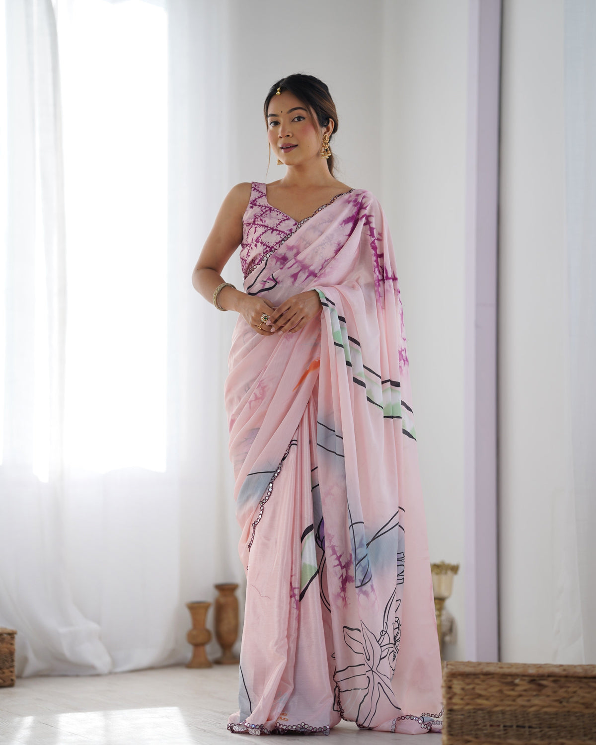 Jyoti Fashion Women's Peach Chinon Print with Mirror Work Designer Saree with Blouse | Grocsy
