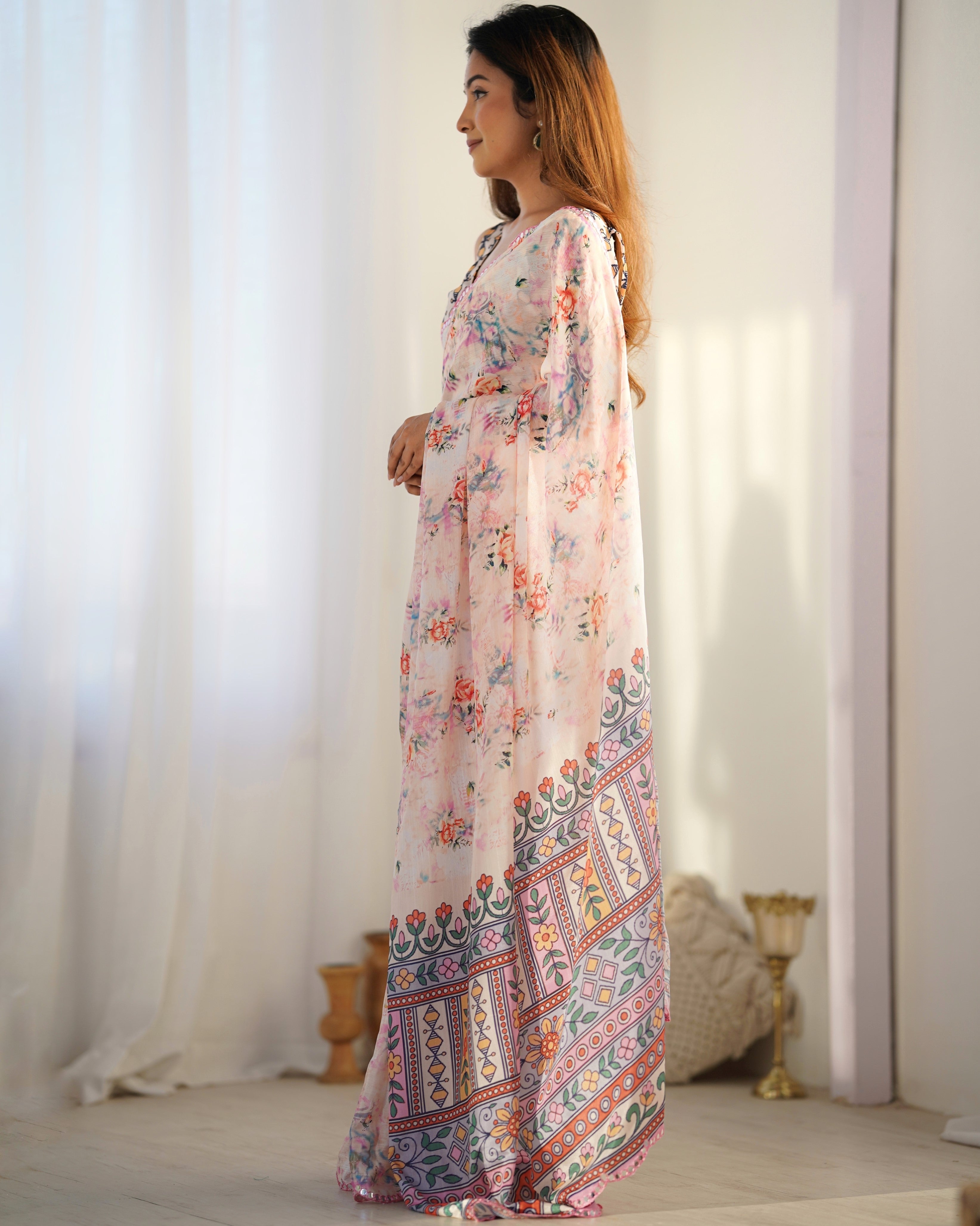 Jyoti Fashion Women's Peach Chinon Print with Mirror Work Designer Saree with Blouse | Grocsy