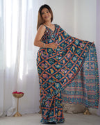 Jyoti Fashion Women's Teal Chinon Print with Mirror Work Designer Saree with Blouse | Grocsy