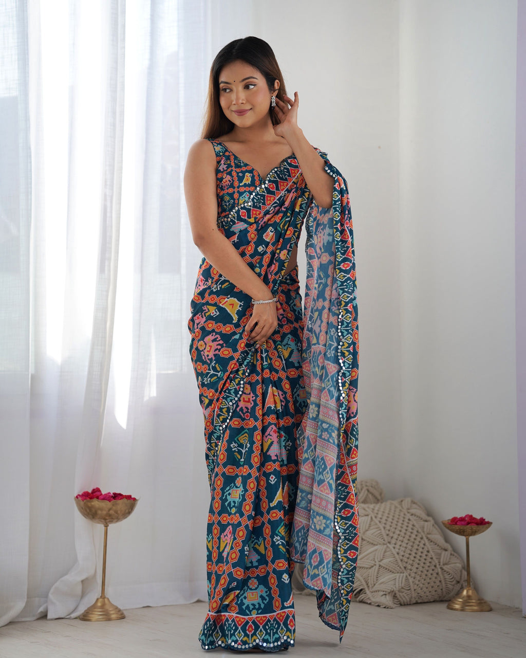 Jyoti Fashion Women's Teal Chinon Print with Mirror Work Designer Saree with Blouse | Grocsy