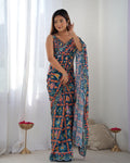 Jyoti Fashion Women's Teal Chinon Print with Mirror Work Designer Saree with Blouse | Grocsy