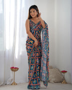 Jyoti Fashion Women's Teal Chinon Print with Mirror Work Designer Saree with Blouse | Grocsy