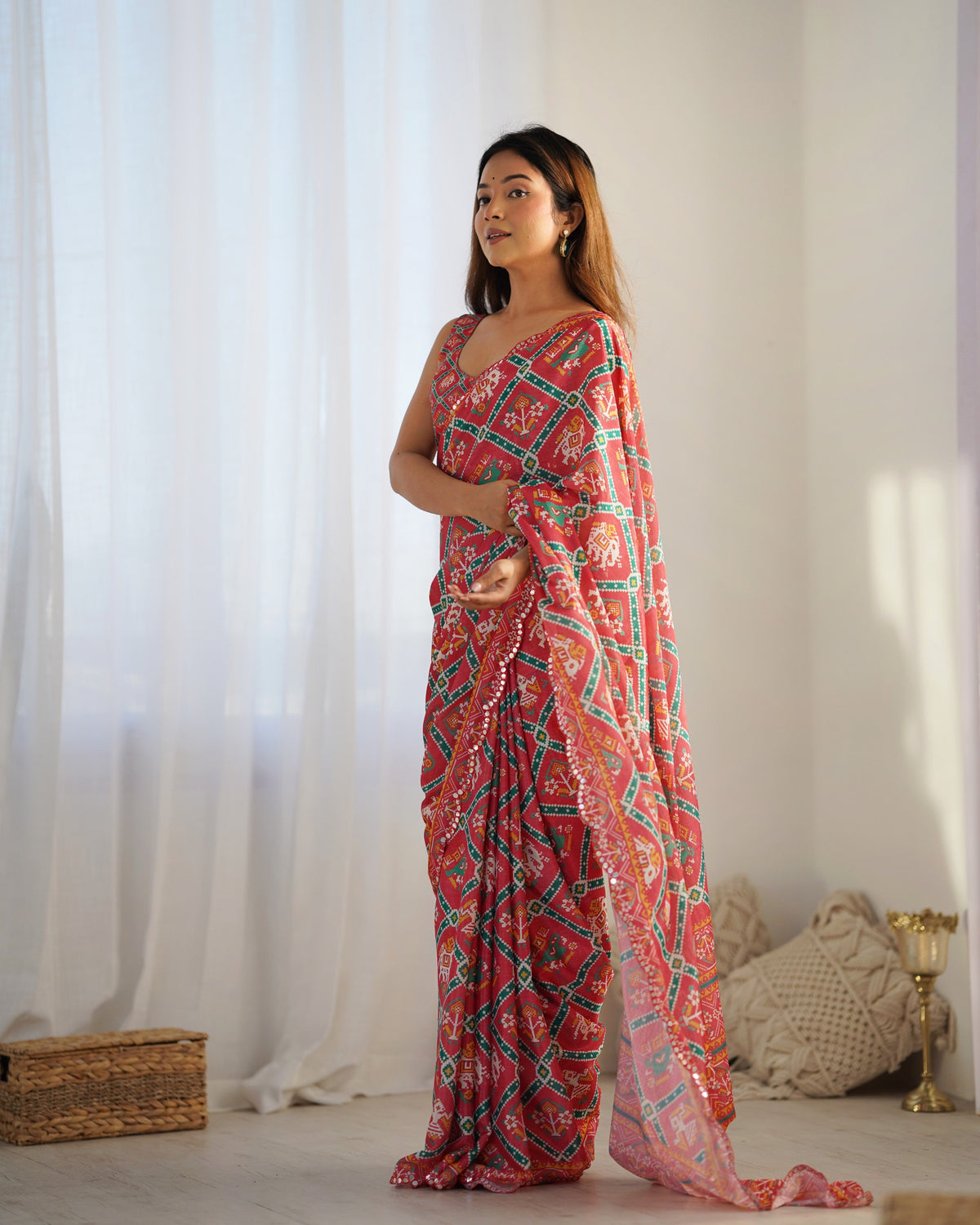 Jyoti Fashion Women's Maroon Chinon Print with Mirror Work Designer Saree with Blouse | Grocsy