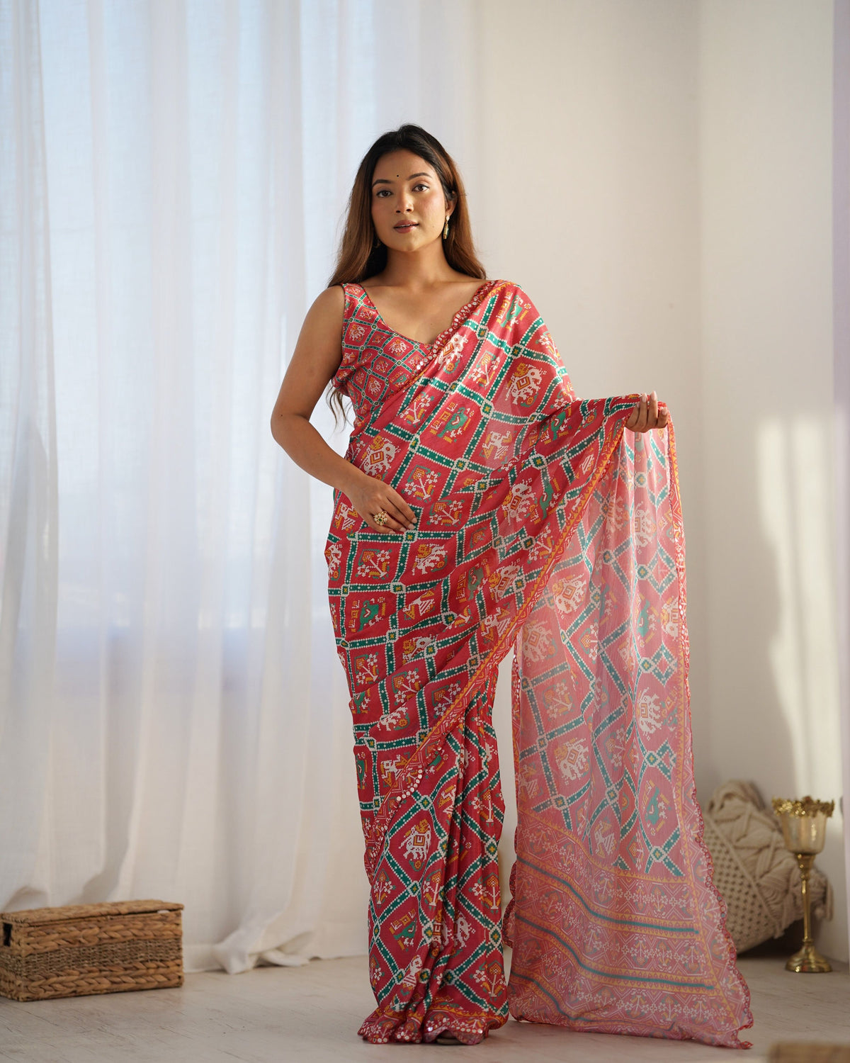 Jyoti Fashion Women's Maroon Chinon Print with Mirror Work Designer Saree with Blouse | Grocsy