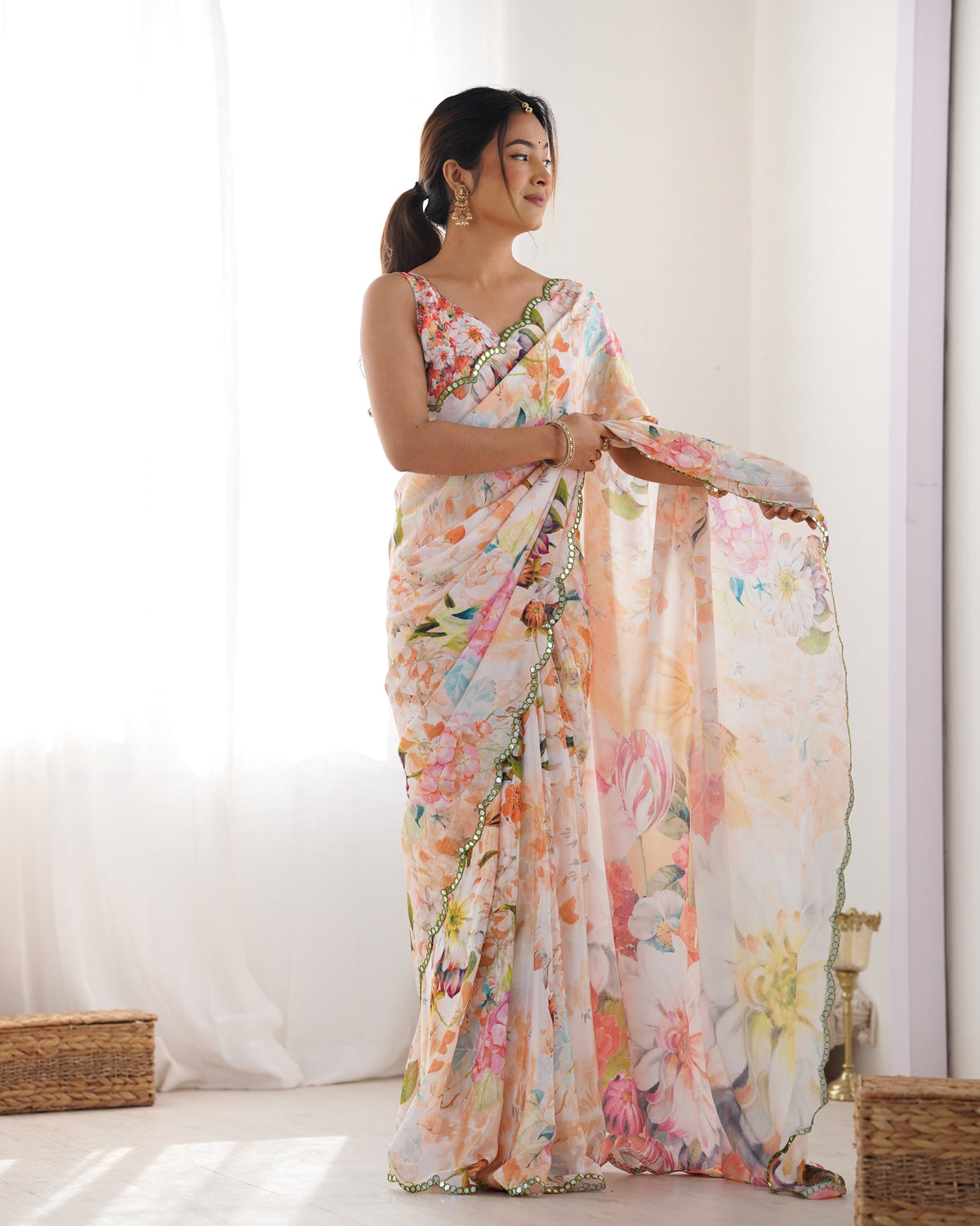 Jyoti Fashion Women's Multicolor Chinon Print with Mirror Work Designer Saree with Blouse | Grocsy