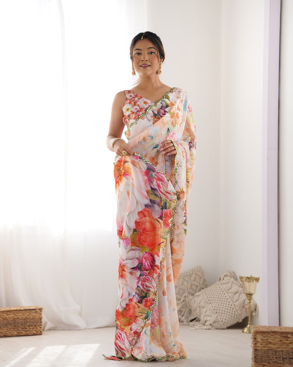 Jyoti Fashion Women's Multicolor Chinon Print with Mirror Work Designer Saree with Blouse | Grocsy