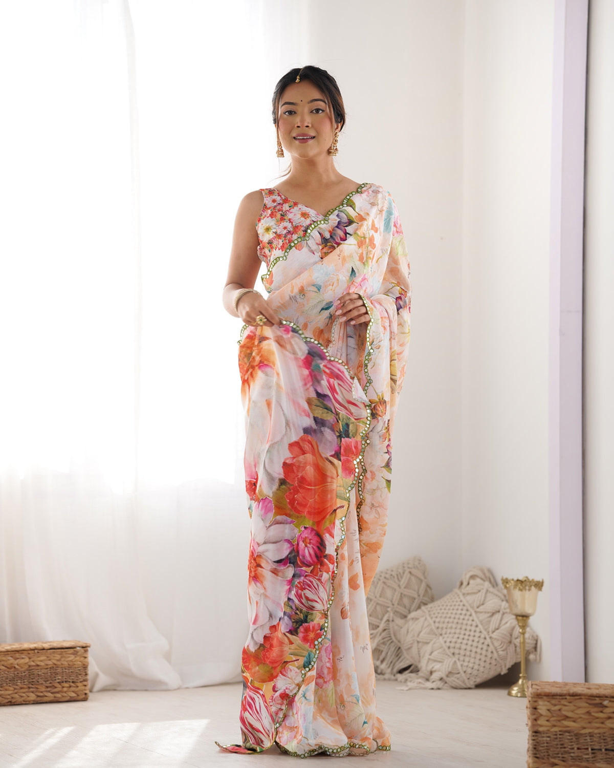 Jyoti Fashion Women's Multicolor Chinon Print with Mirror Work Designer Saree with Blouse | Grocsy