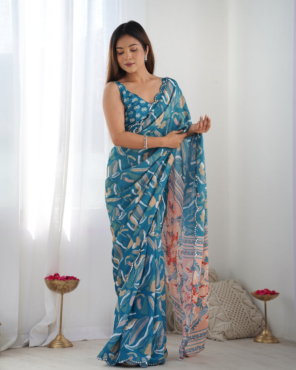 Jyoti Fashion Women's Blue Chinon Print with Mirror Work Designer Saree with Blouse | Grocsy