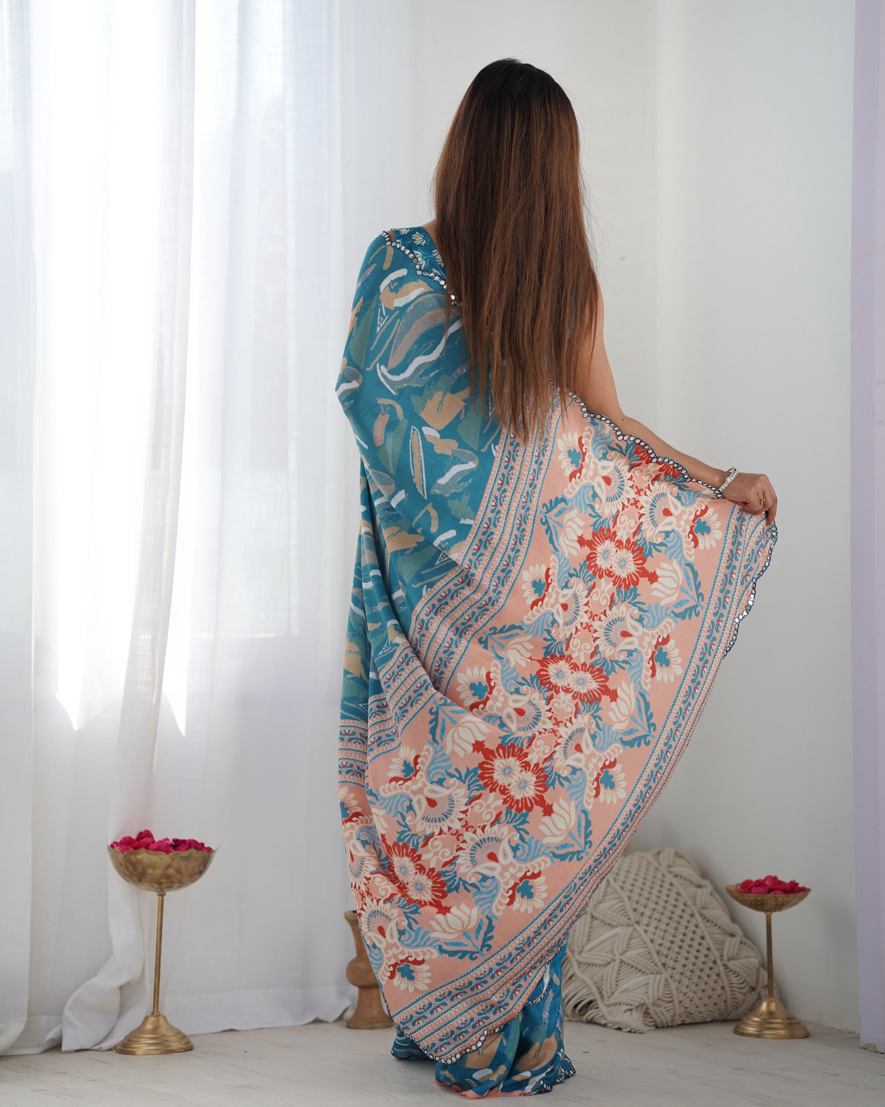 Jyoti Fashion Women's Blue Chinon Print with Mirror Work Designer Saree with Blouse | Grocsy
