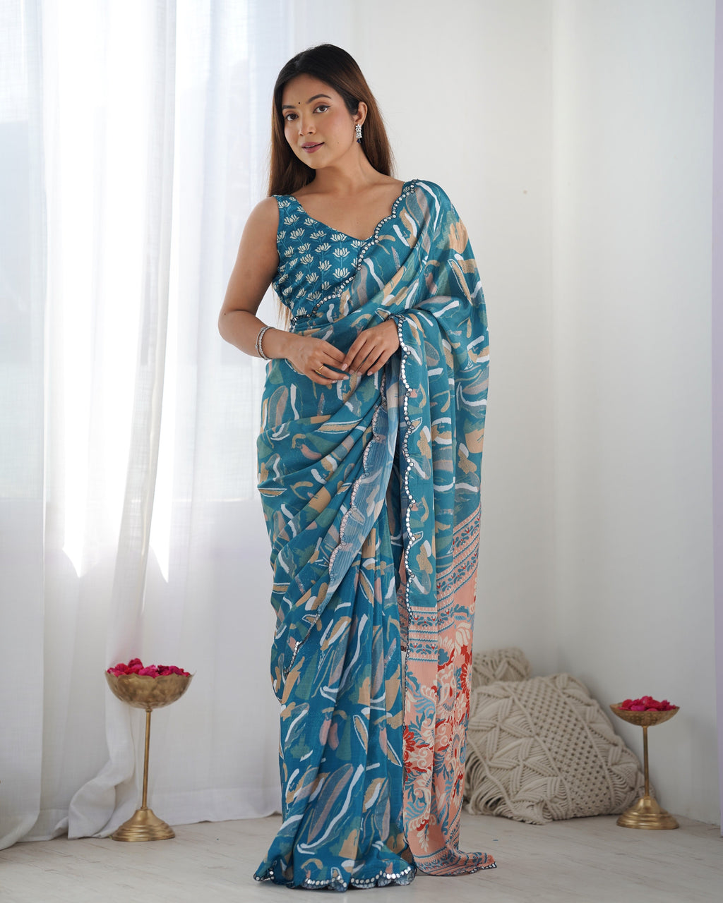Jyoti Fashion Women's Blue Chinon Print with Mirror Work Designer Saree with Blouse | Grocsy