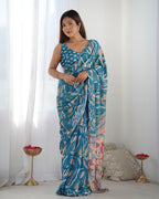 Jyoti Fashion Women's Blue Chinon Print with Mirror Work Designer Saree with Blouse | Grocsy