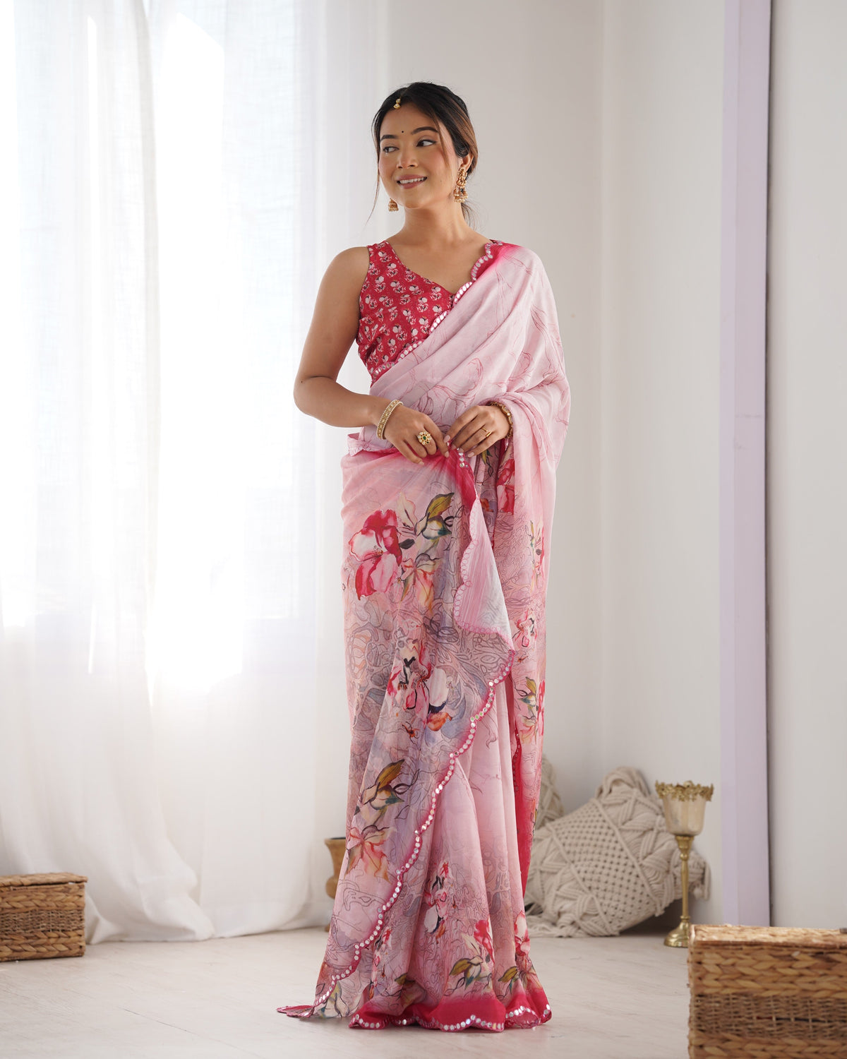 Jyoti Fashion Women's Pink Chinon Print with Mirror Work Designer Saree with Blouse | Grocsy