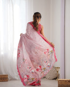 Jyoti Fashion Women's Pink Chinon Print with Mirror Work Designer Saree with Blouse | Grocsy