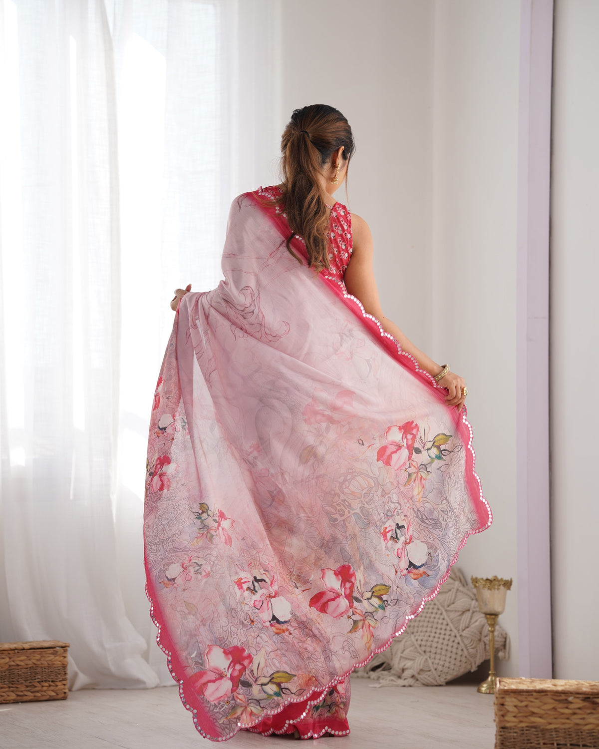 Jyoti Fashion Women's Pink Chinon Print with Mirror Work Designer Saree with Blouse | Grocsy