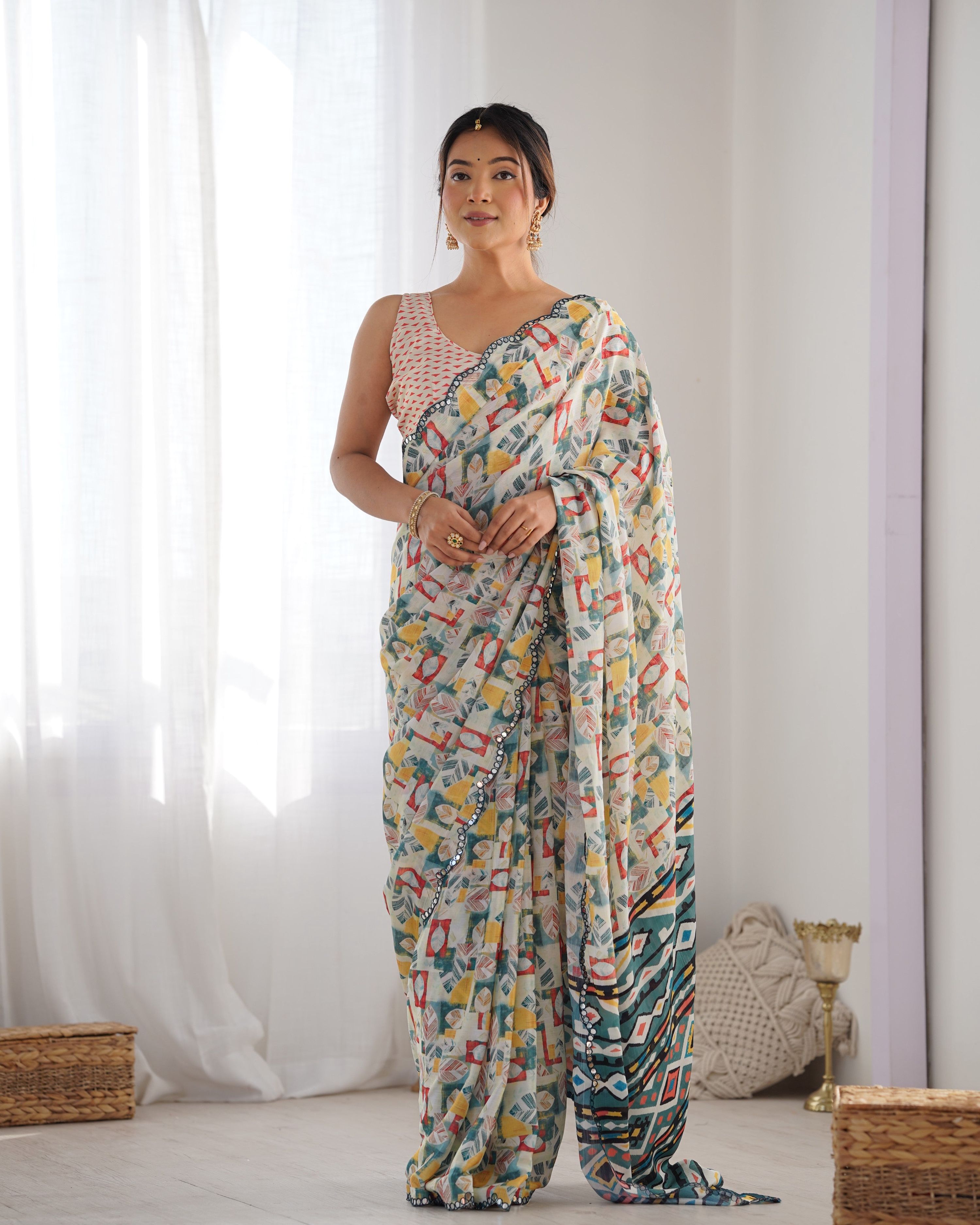Jyoti Fashion Women's Multicolor Chinon Print with Mirror Work Designer Saree with Blouse | Grocsy