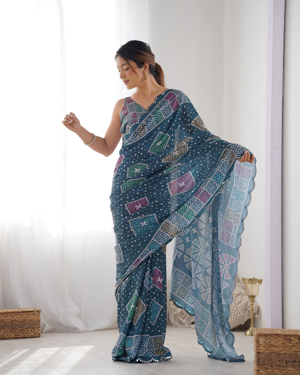 Jyoti Fashion Women's Multicolor Chinon Print with Mirror Work Designer Saree with Blouse | Grocsy