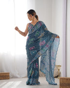 Jyoti Fashion Women's Multicolor Chinon Print with Mirror Work Designer Saree with Blouse | Grocsy
