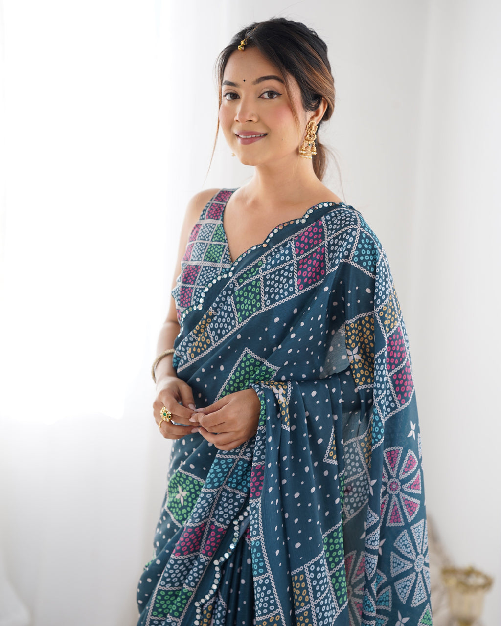 Jyoti Fashion Women's Multicolor Chinon Print with Mirror Work Designer Saree with Blouse | Grocsy