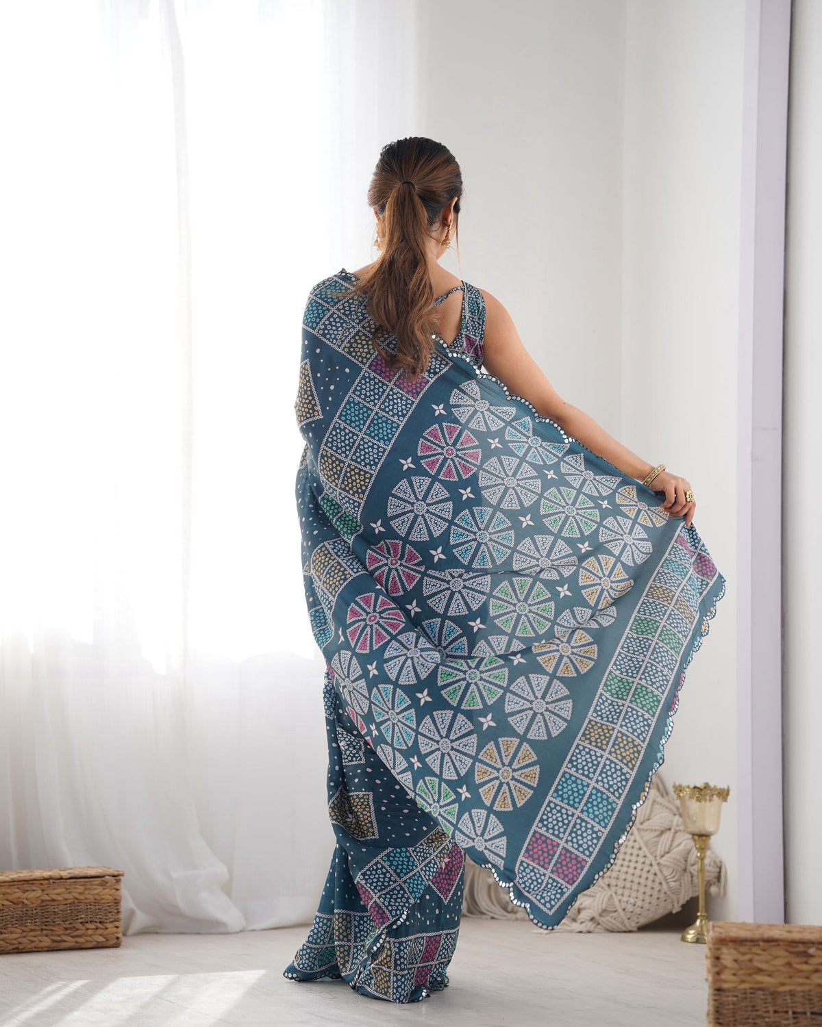 Jyoti Fashion Women's Multicolor Chinon Print with Mirror Work Designer Saree with Blouse | Grocsy