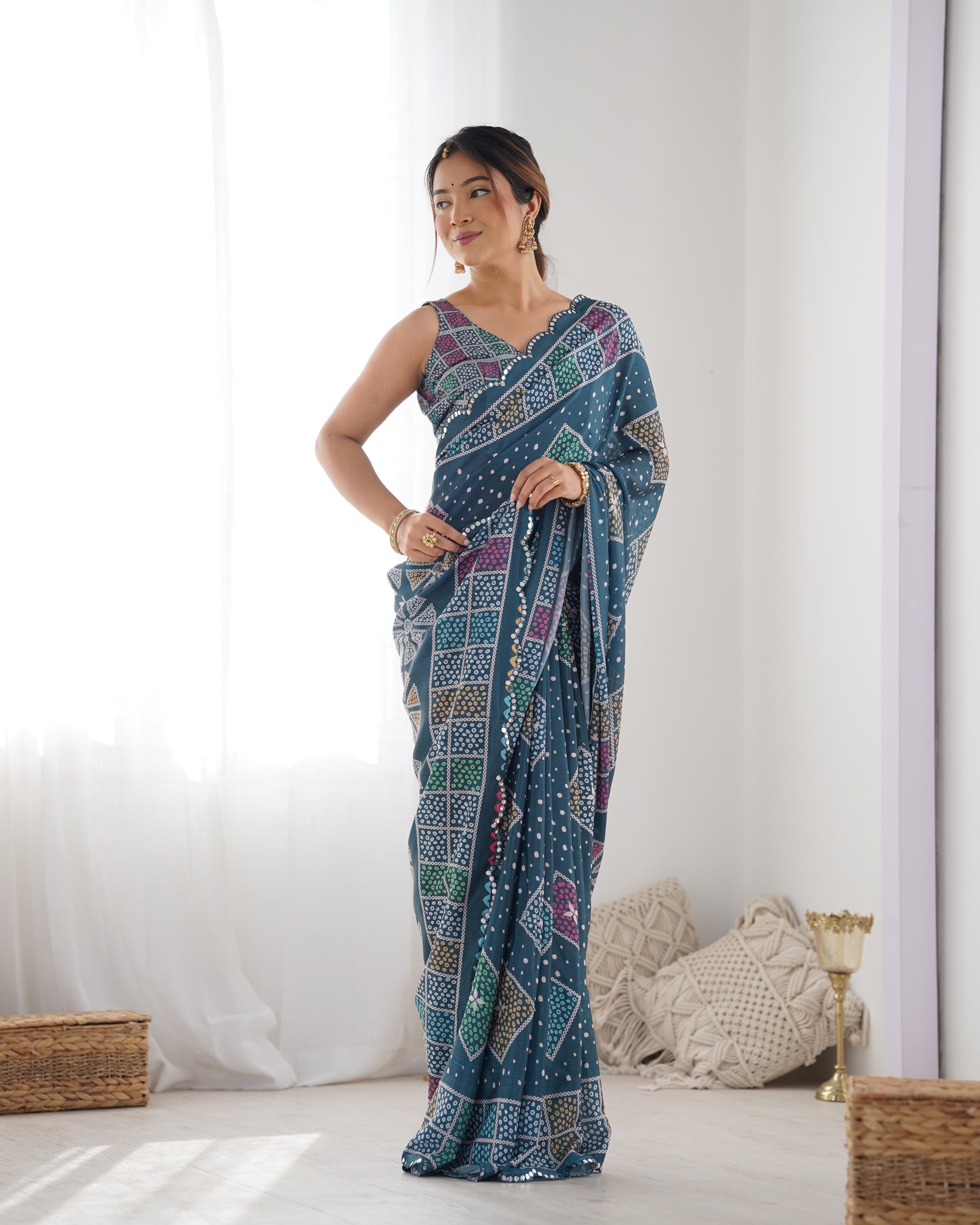 Jyoti Fashion Women's Multicolor Chinon Print with Mirror Work Designer Saree with Blouse | Grocsy